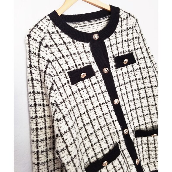 Oversized Tweed Textured Knit Cardigan Jacket Sweater OS Chunky Knit Pockets - Picture 8 of 16